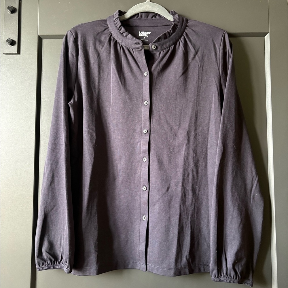 Lands' End Women's Long-Sleeve Button Front Top - Dark Navy, Ruffle Collar